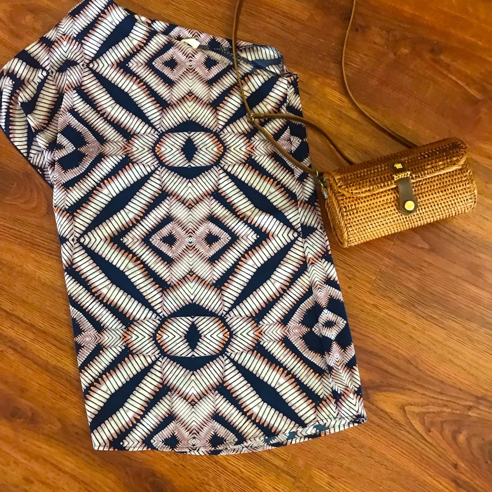 “TYCHE” one cap sleeve multi colored with navy , white, and beige